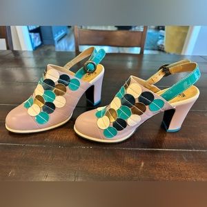 John Fluevog Tziporah Lavender teal gold Sling heels. size 8. limited editions!